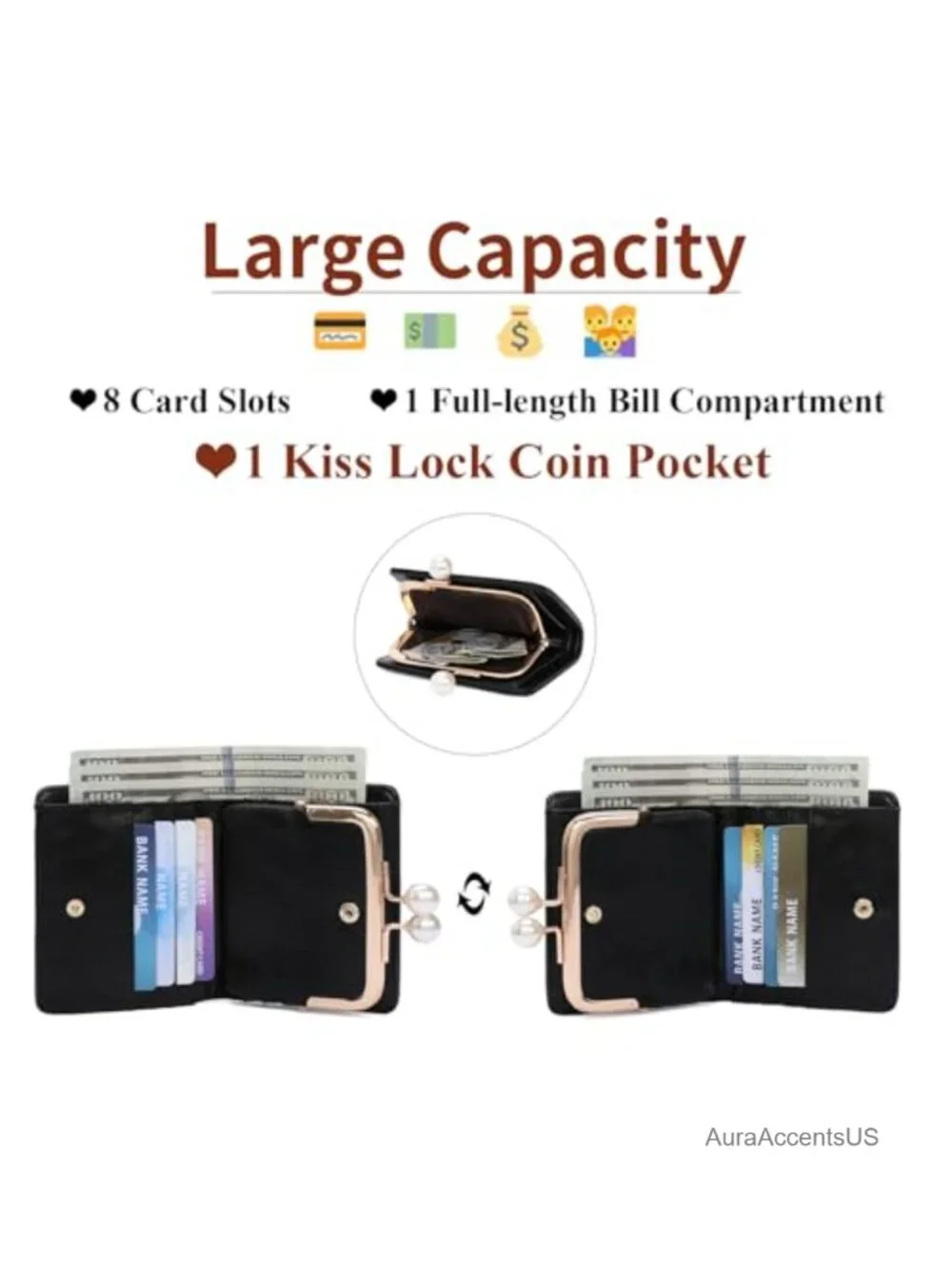 Vintage Vegan Leather Trifold Wallet with Kiss Lock for Women - 8 Card Slots